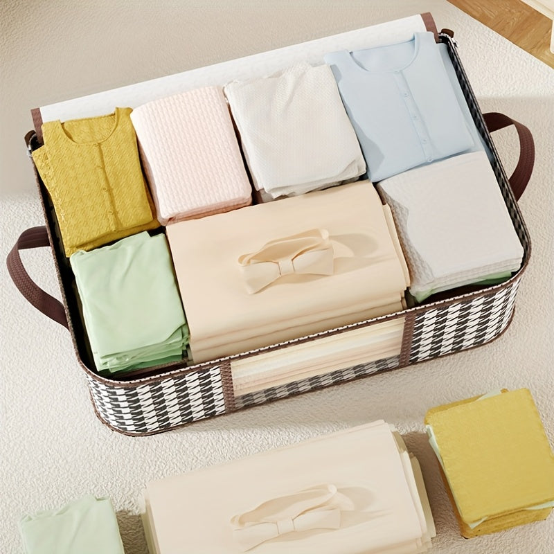 Large Houndstooth Fabric Storage Bag with Zipper Handle for Clothes and Linens