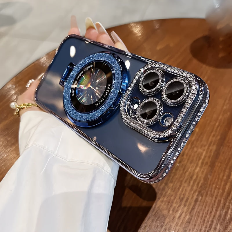 Luxury Rhinestone Glitter Magnetic TPU Phone Case for iPhone 12-16 Pro Max Plus with Shockproof Bumper