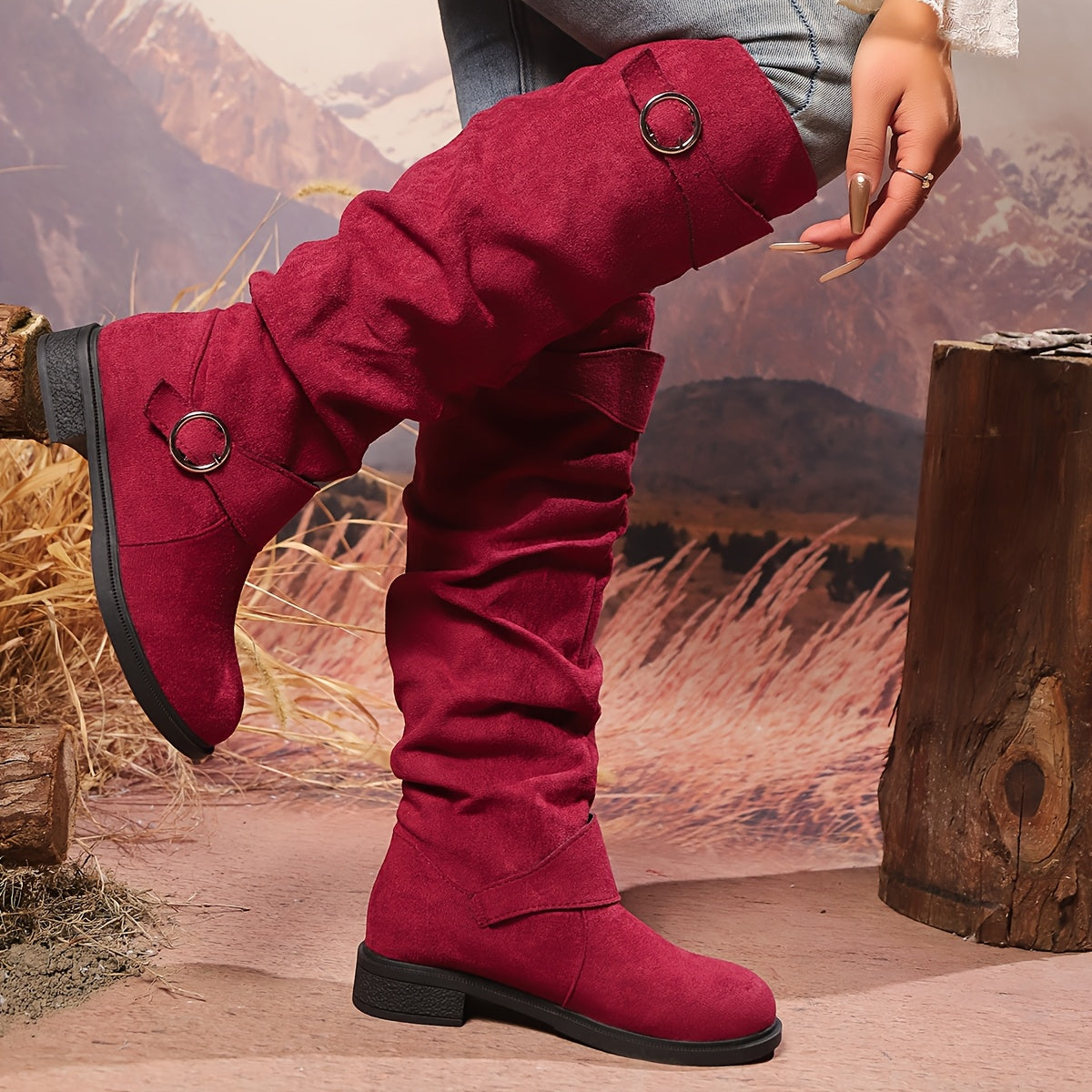 Women's Leather Button Pleated High Top Knee Boots