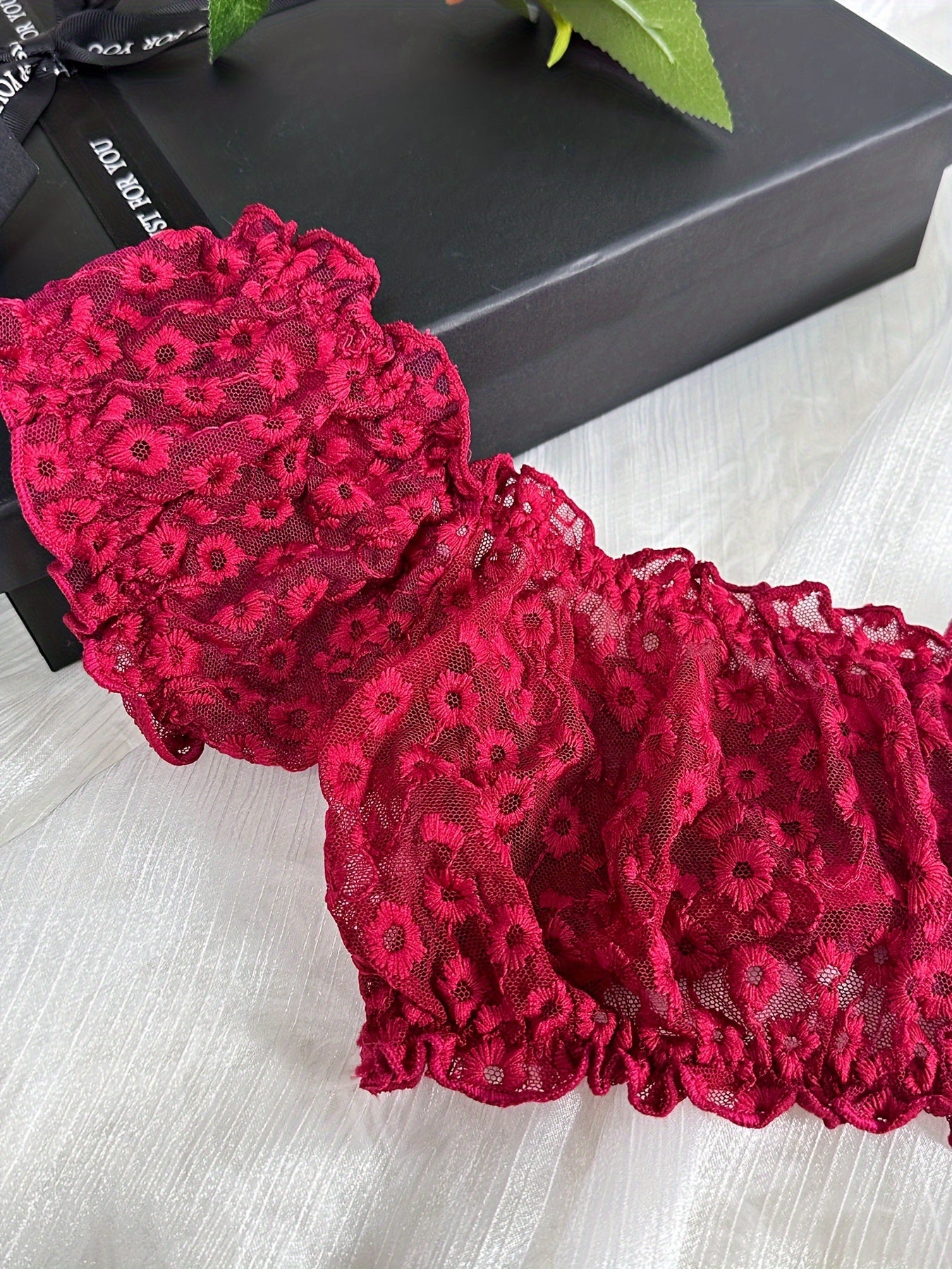 Women's Floral Embroidery Lingerie Set with Crop Top and Lettuce Trim Panty