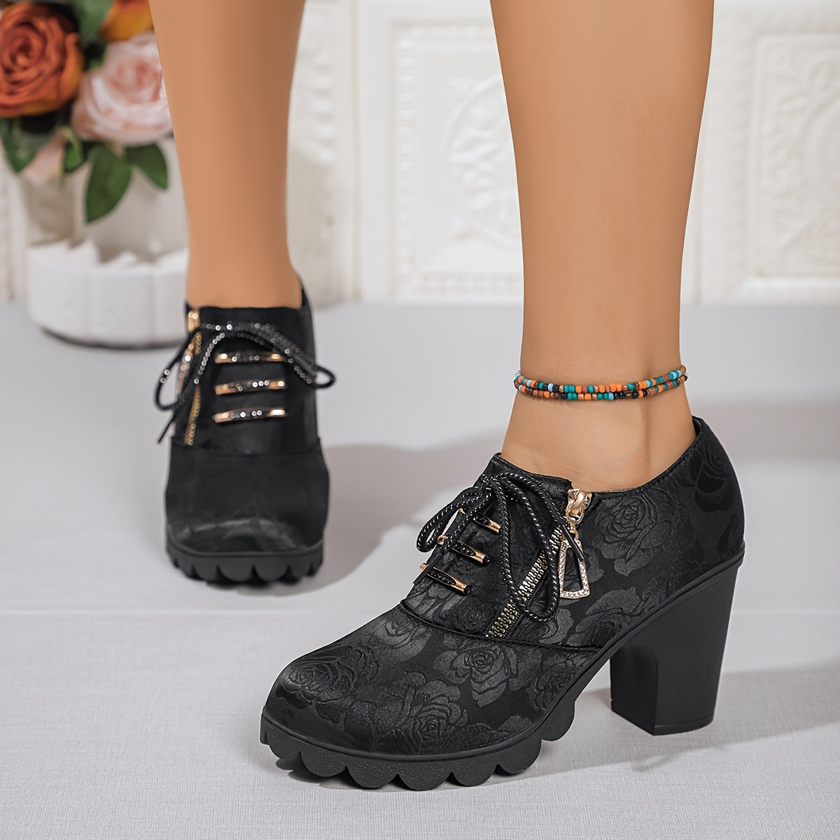 Women's Black Floral Lace-Up Pumps with Rhinestones and Chunky Heel