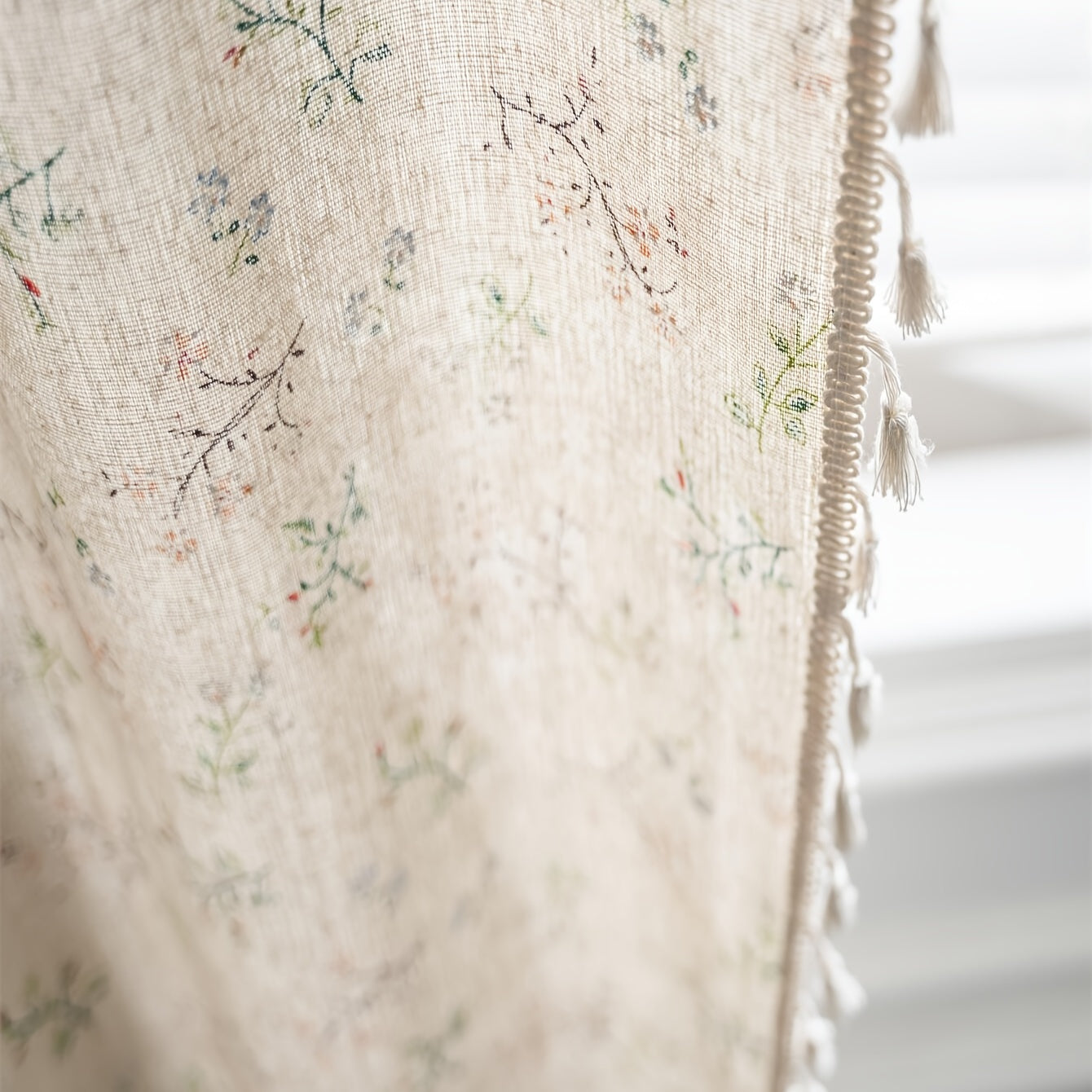 Bohemian Floral Milk-White Linen Curtain with Semi-Shading for Living Room Bedroom Office