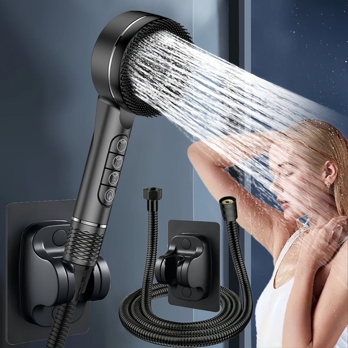High-Pressure Handheld Shower Head with 5 Modes Stainless Steel Hose Adjustable Bracket
