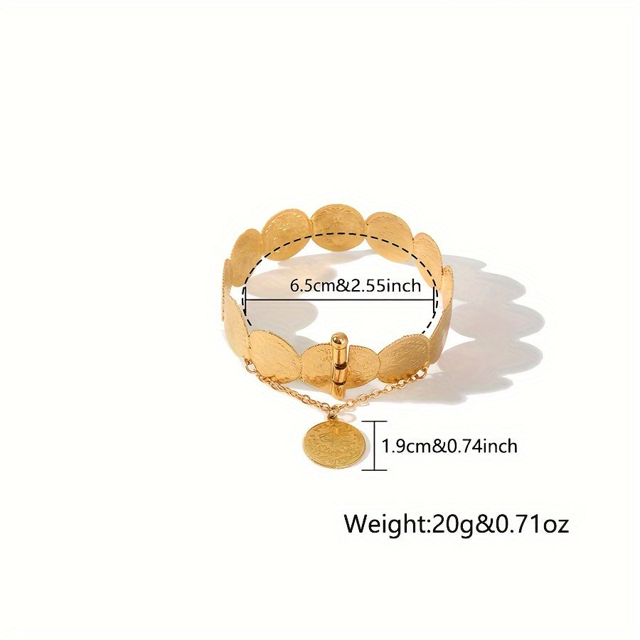 Gold Plated Bangle Bracelet with Coin Detail Vintage Style Copper Alloy for Women