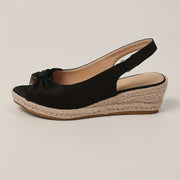 Ayollar uchun moda wedge sandallar, mato yuqori qismi, bog'ichli yopiq, ochiq barmoq dizayni, har mavsum uchun o'rta balandlikdagi kauchuk taglik.