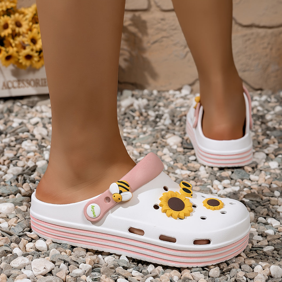 Women’s Summer Floral Clogs Soft EVA Thick Sole Breathable Openwork White Yellow