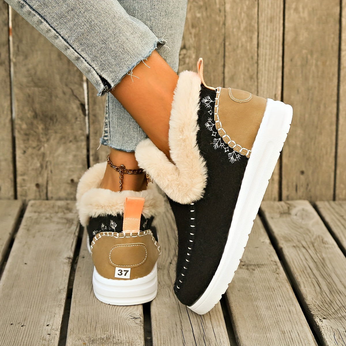 Women's Plush-Lined Ankle Boots Warm Faux Furry Casual Slip-On Shoes