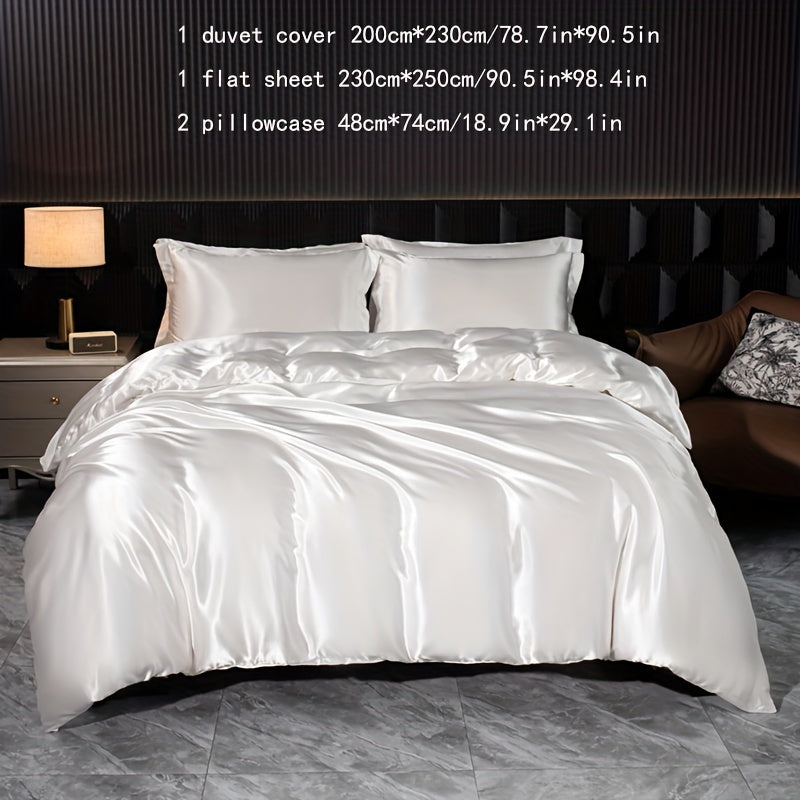 Luxurious Satin Bedding Set 4-Piece Zipper Closure Solid Color for Home Guest Hotel