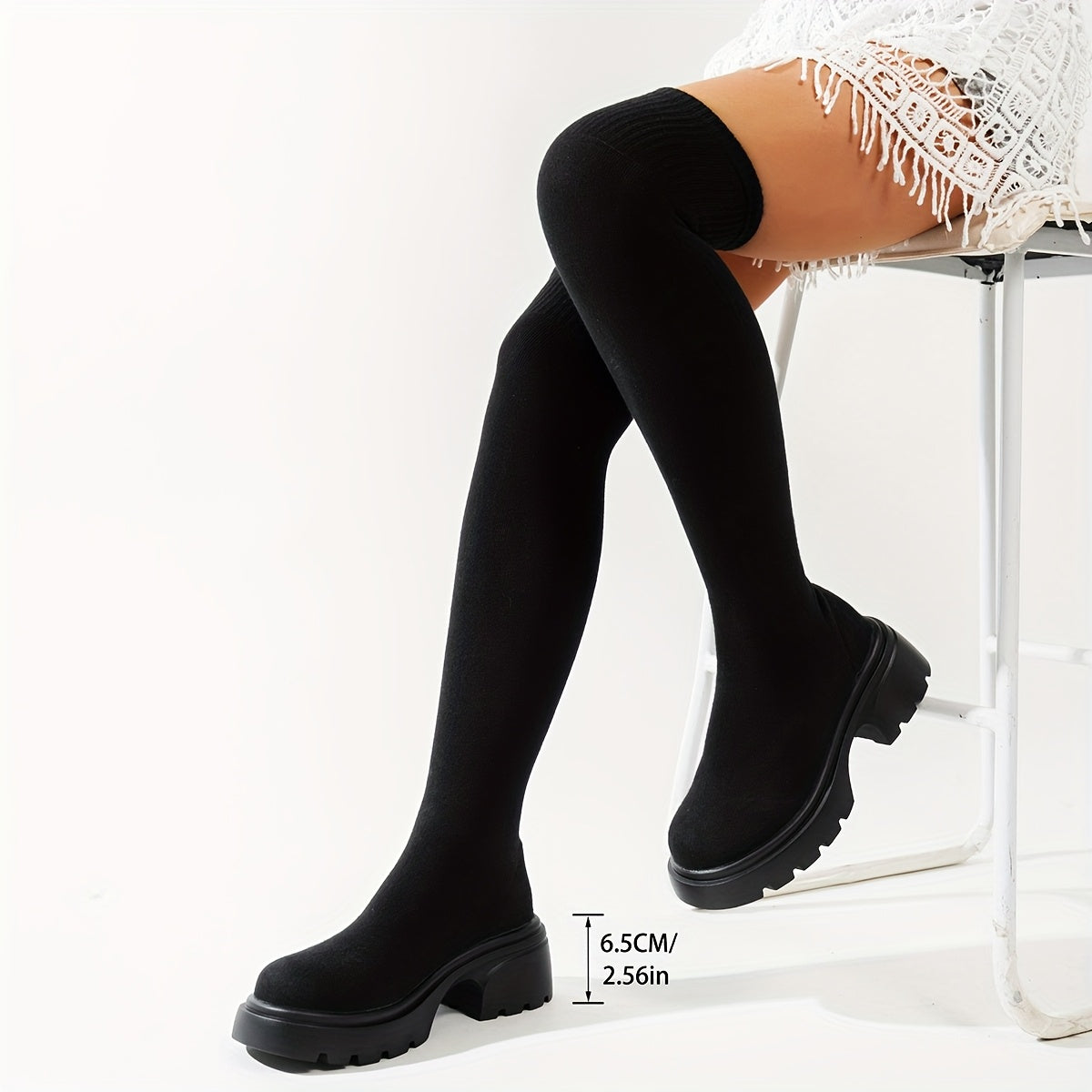 Women Gothic Boots Slip-On Platform Knee-High Chunky Heels for Concerts