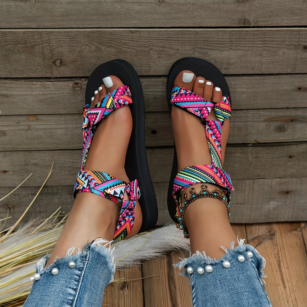 Women's Flat Sandals Open Toe Lightweight Tribal Pattern Casual Summer
