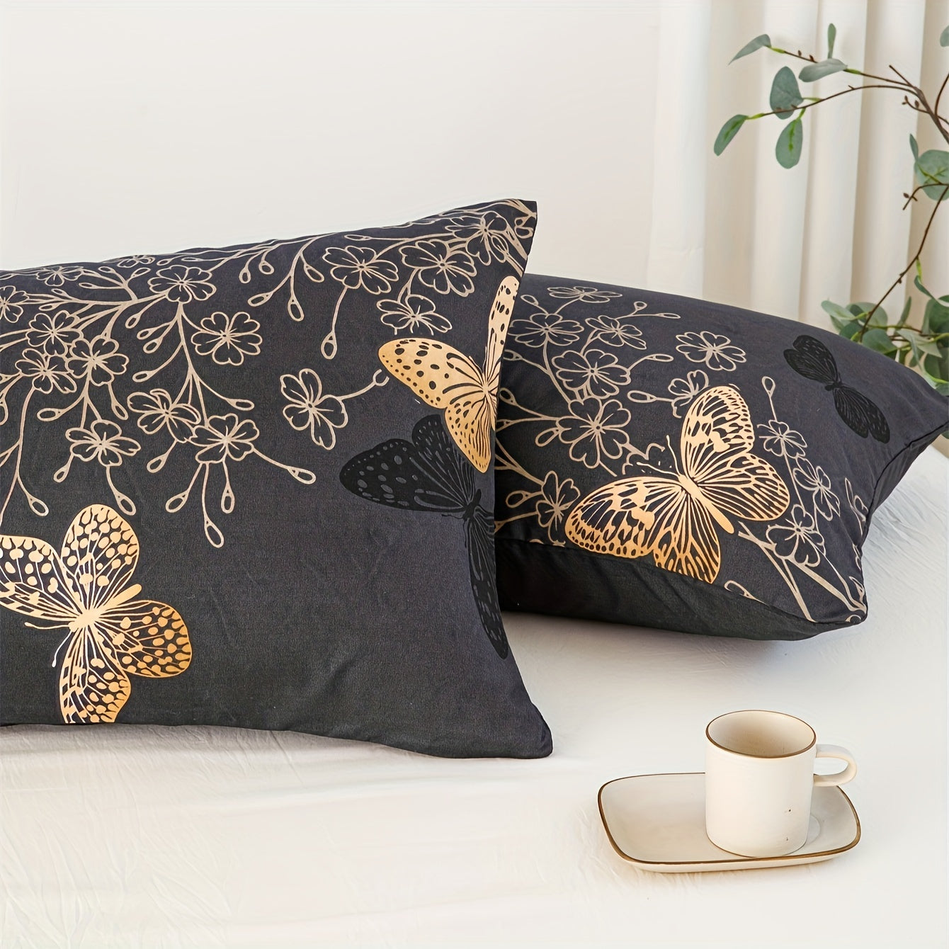 Golden Butterfly Print Polyester Pillow Covers Set Soft Cozy Bed Decor Multiple Sizes
