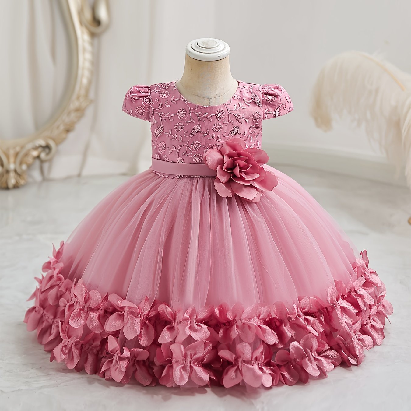 Vestido de princesa con malla para niñas pequeñas, con capucha de flores y mangas cortas para eventos formales