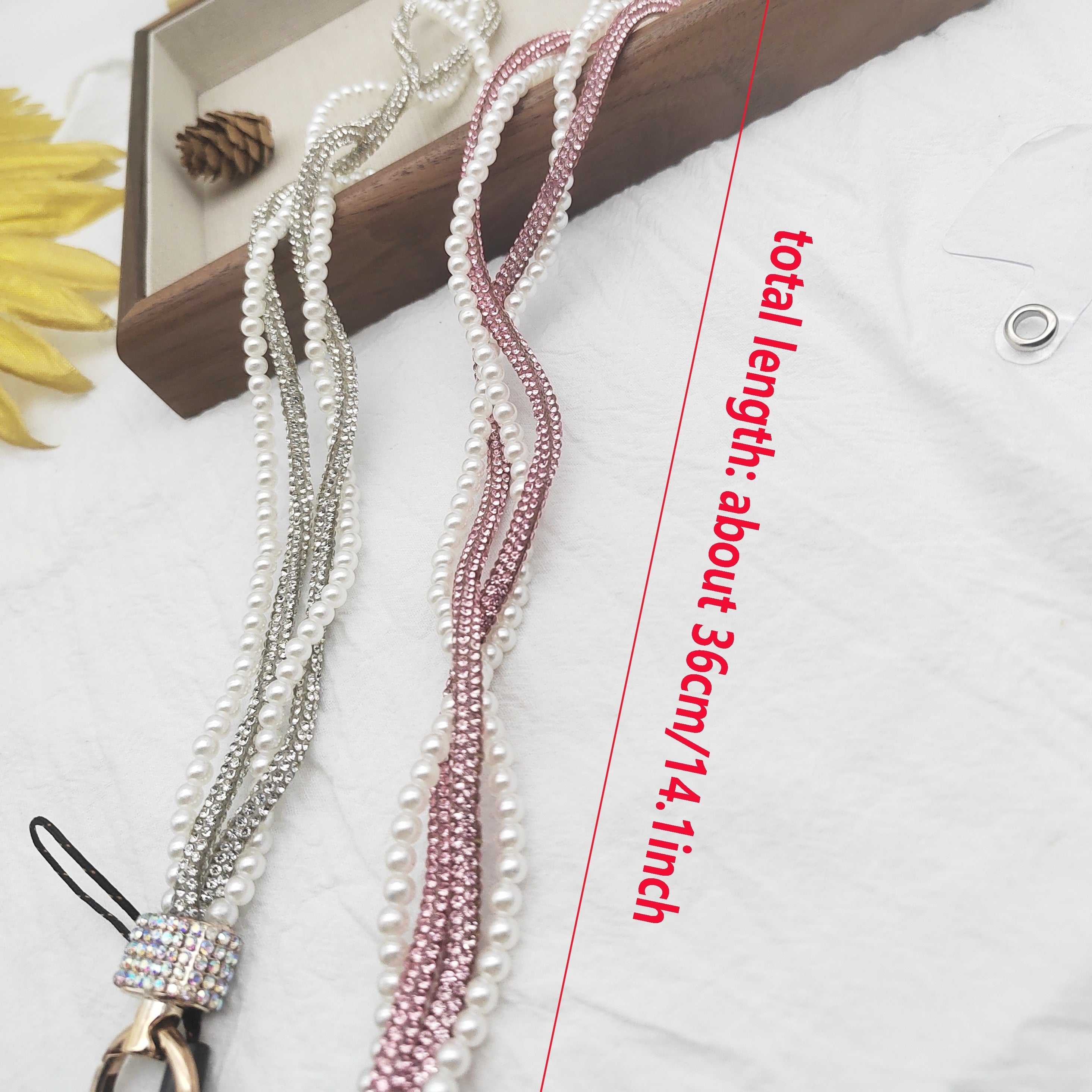 Pearl Rhinestone Long Lanyard PVC Phone Key Holder with Universal Attachment
