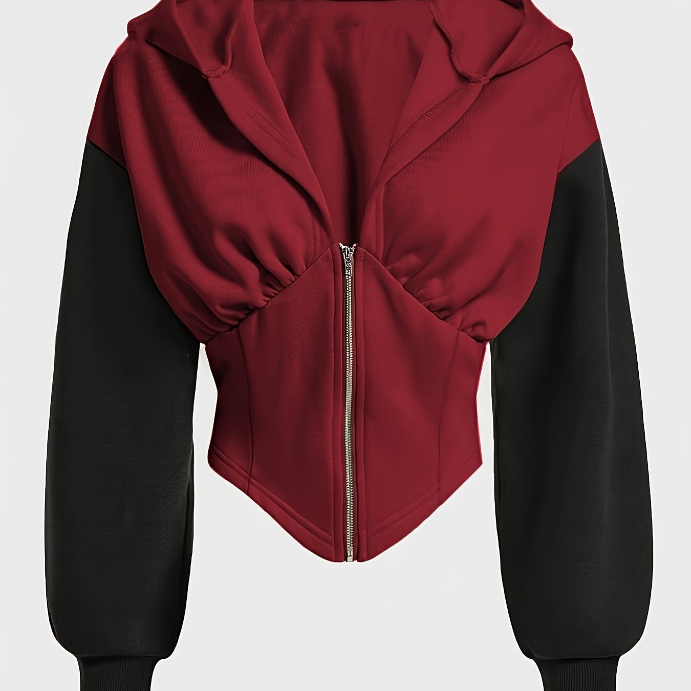 Ayollar uchun zamonaviy qora fermuarlı kapüşon, chiroyli yig'ilgan ko'krak dizayni, uzun yenglar, mashinada yuvish mumkin bo'lgan polyester, kuz/qish modasi uchun ideal.