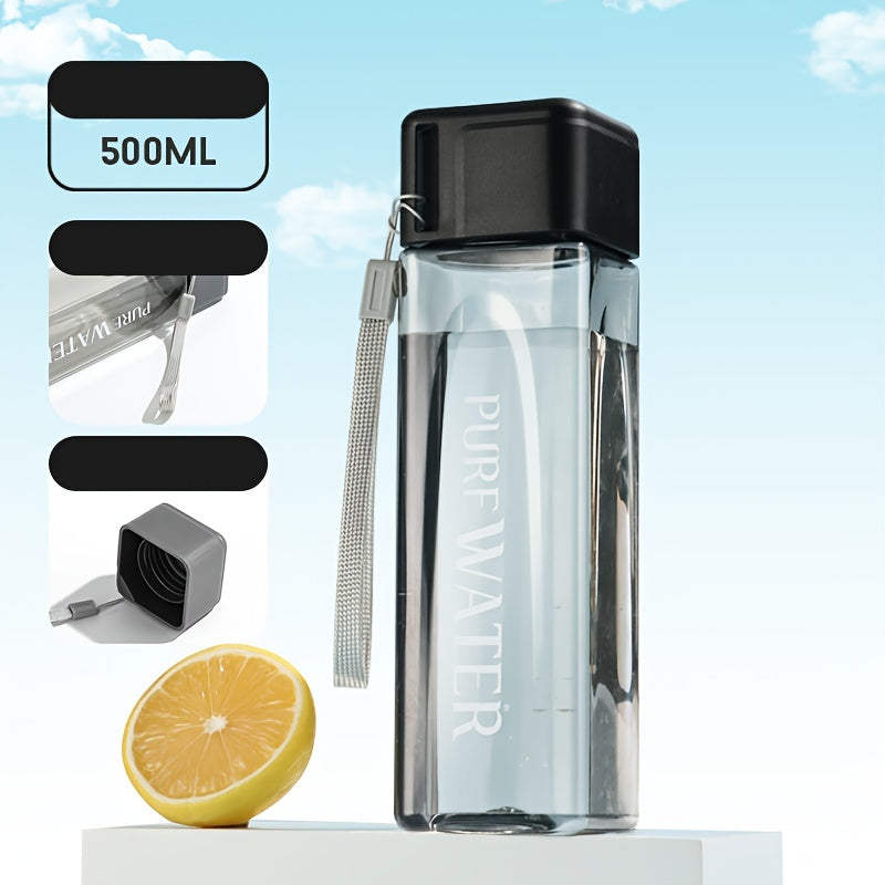 Botella de agua cuadrada de 500ml a prueba de fugas, resistente al calor, de plástico con correa para llevar, para camping, senderismo y actividades al aire libre, blanca