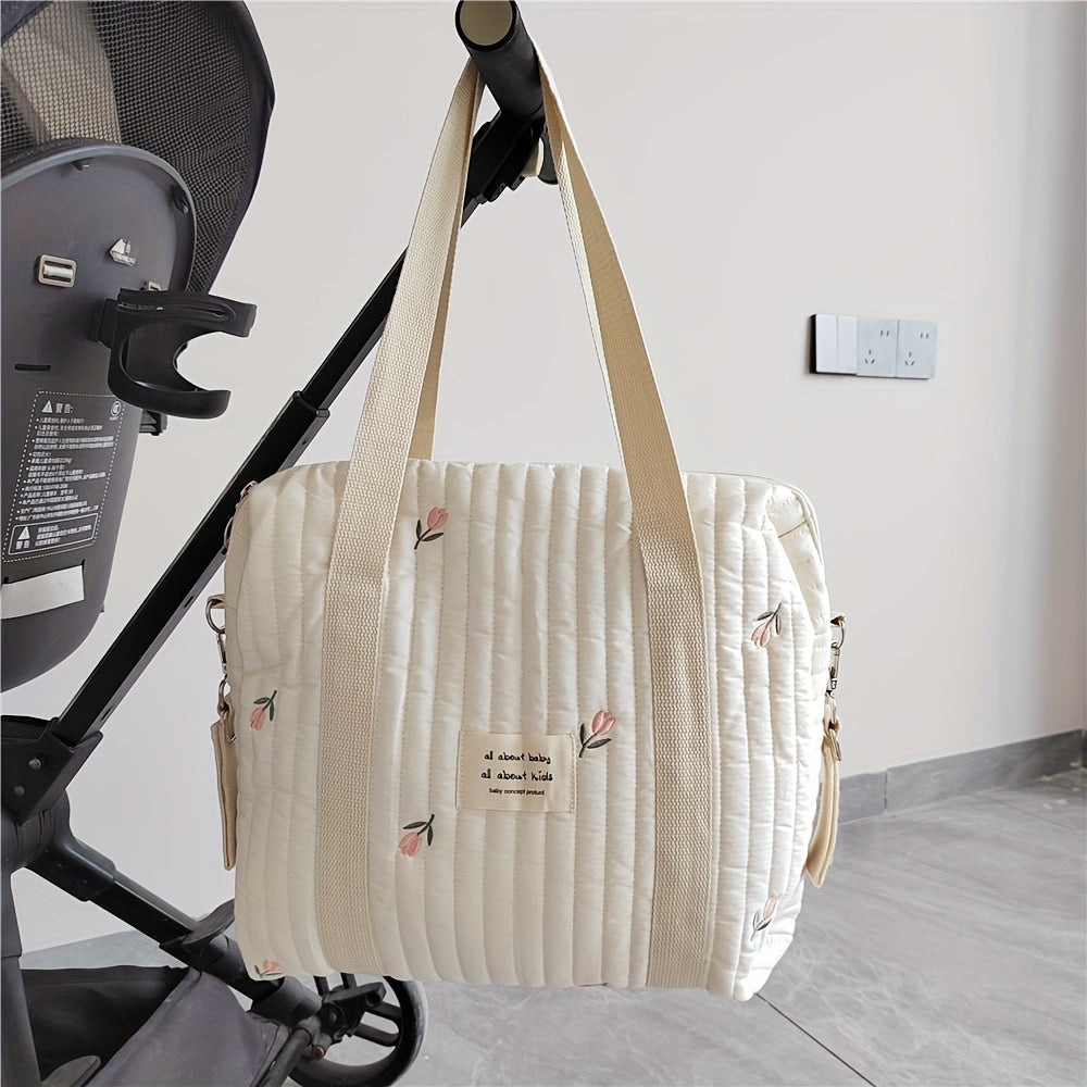Embroidered Cotton Diaper Bag with Trolley and Hanging Features for Moms 36x30x12cm