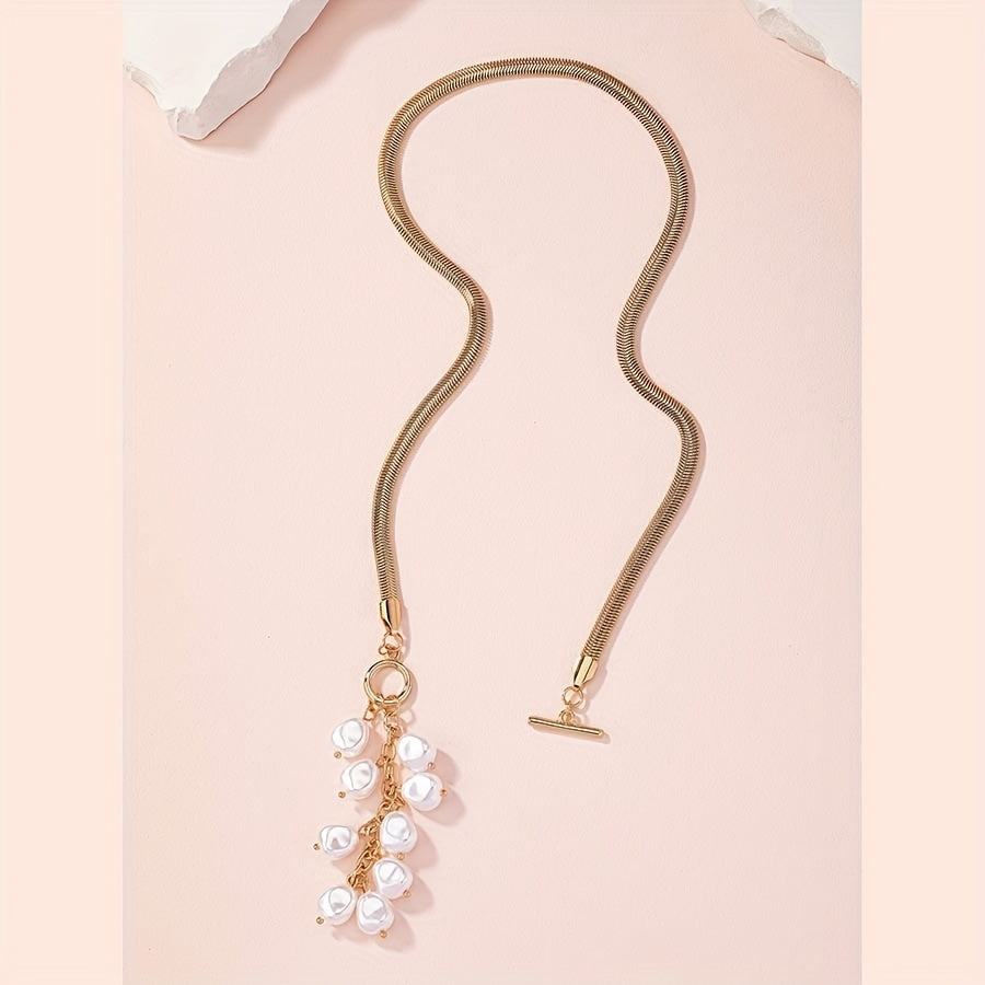 Zamonaviy fransuz uslubidagi soxta marvaridli pandant bilaguzuk, 1 dona, silliq temir ilon zanjiri, oq akril marvaridlar, har kuni va maxsus tadbirlar uchun mukammal, ayollar uchun ideal sovg'a.