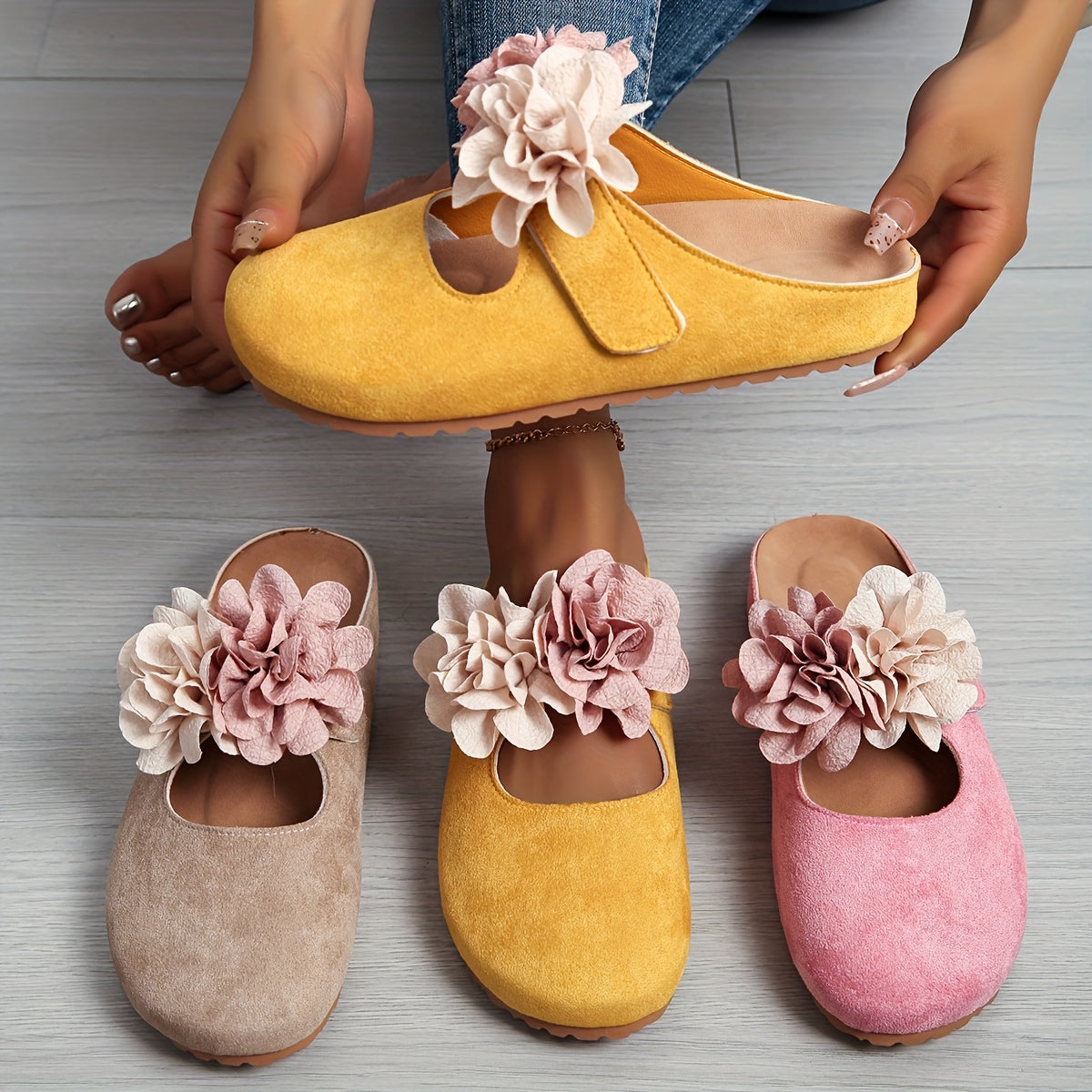 Women's Floral Embellished Slip-On Mules, Soft Fabric, Thick EVA Sole