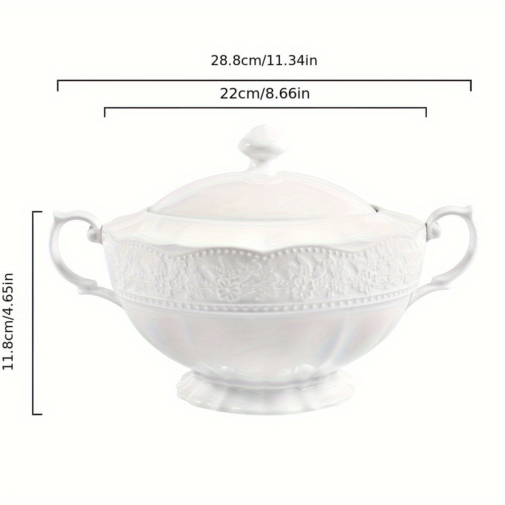 White Ceramic Soup Tureen with Lid and Handle for Home and Restaurant Use
