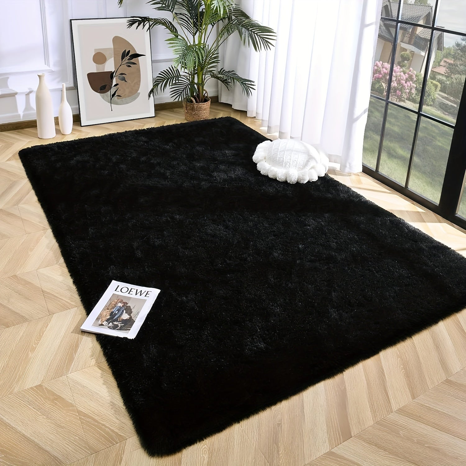 Black Faux Fur Area Rug, Soft and Luxurious Rectangle Floor Covering for Living Room and Bedroom