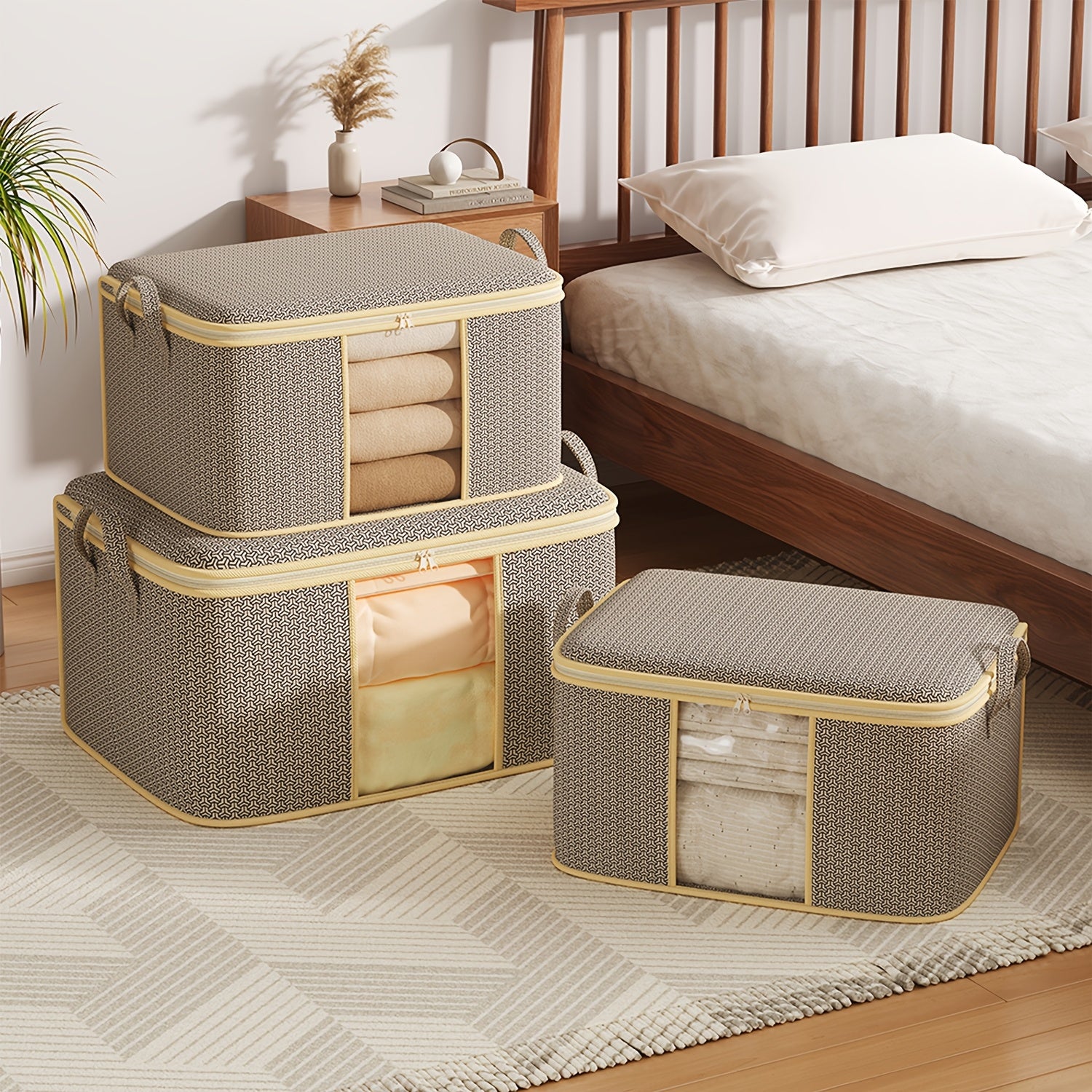 Extra Large Foldable Storage Bag Non-Woven Fabric with Reinforced Handles and Zipper for Clothes and Bedding