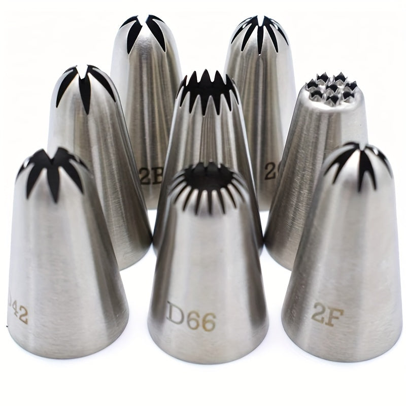 Set of 8 Stainless Steel Piping Tips for Cake Decorating Icing Nozzles
