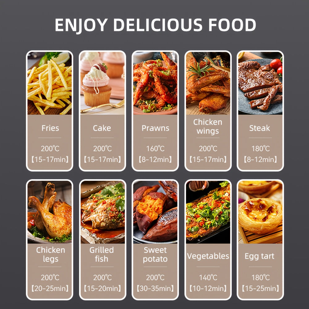 Yevropa standarti 220V havo fritüri, 1200W quvvat bilan, kartosh chiplari va boshqalar uchun ideal, ko‘p funksiyali, to‘liq avtomatik, 6ml/oz sig‘imi, konvertatsiya plitasiga ehtiyoj yo‘q.