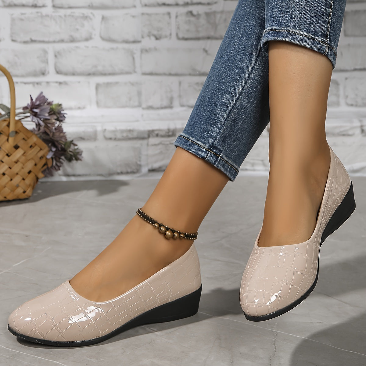 Women's Beige Crocodile-Embossed Wedge Heels Slip-On Comfort Shoes