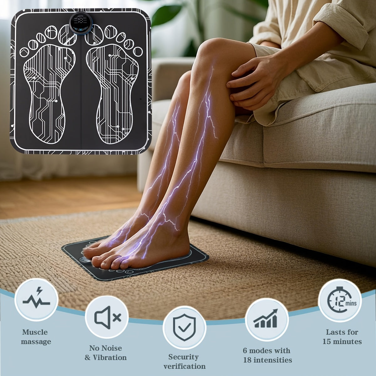 Rechargeable EMS Massage Mat with 6 Modes and Adjustable Intensity for Home Use