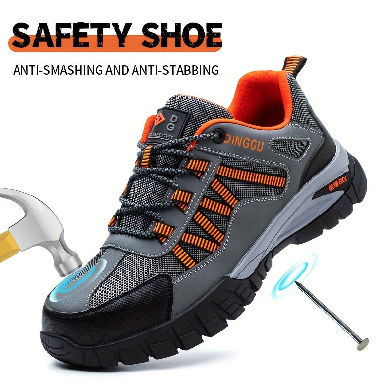 Zapatos de trabajo de seguridad para hombre con punta de acero, resistentes a perforaciones, antideslizantes, transpirables, de microfibra gris y naranja