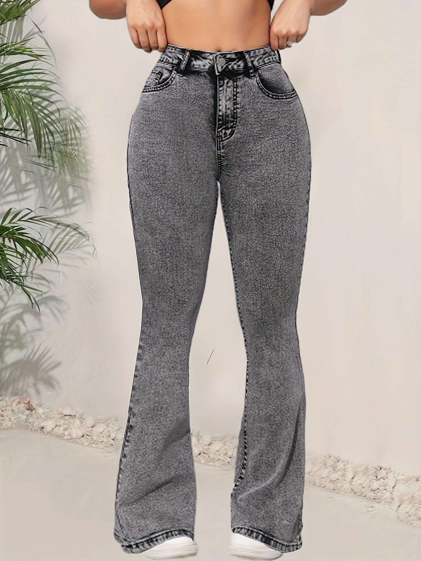 Women Light Gray Stretch Flare Jeans Casual Denim