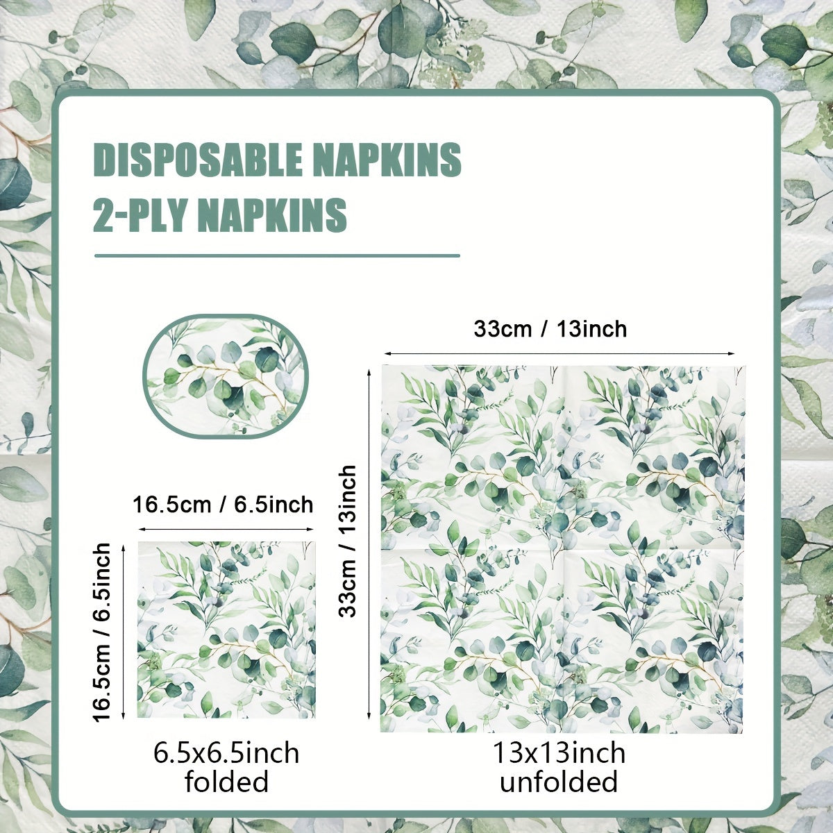 Qayta ishlatiladigan salfetka to'plami, Eucalyptus bargi bosimi, 20, 40, 60 ta, 2-qavatli, 33 sm