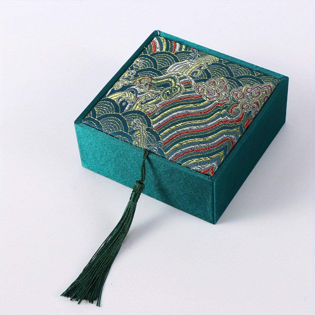 Chinese Style Storage Box with Tassel and Ancient Poetry Fabric Brocade for Jewelry Organizer