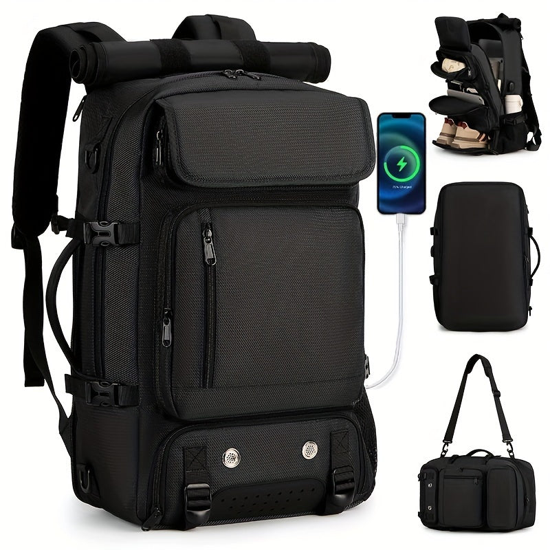 Black Waterproof Hiking Backpack with Shoe Compartment and Adjustable Straps