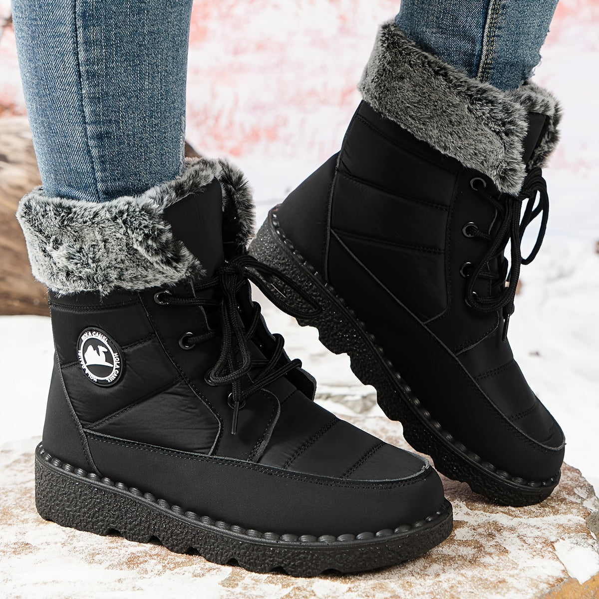 Women's Winter Snow Boots Mid-Calf Casual Solid Color Lace-Up Wedge