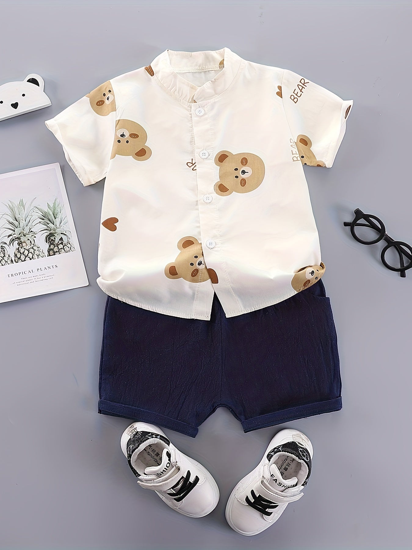Boys Summer Outfit Cotton Short Set Cartoon Bear Print Woven Pants Outdoor Activities