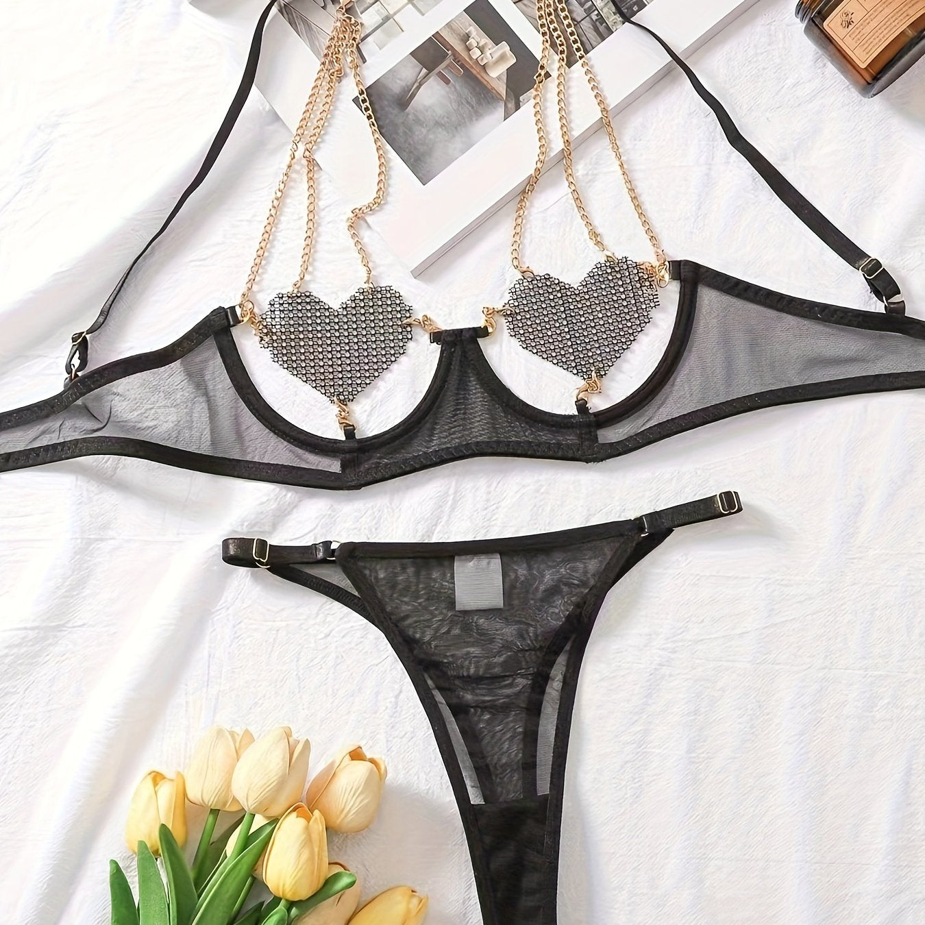 Women's Lace Seductive Lingerie Set with Adjustable Straps and Floral Design