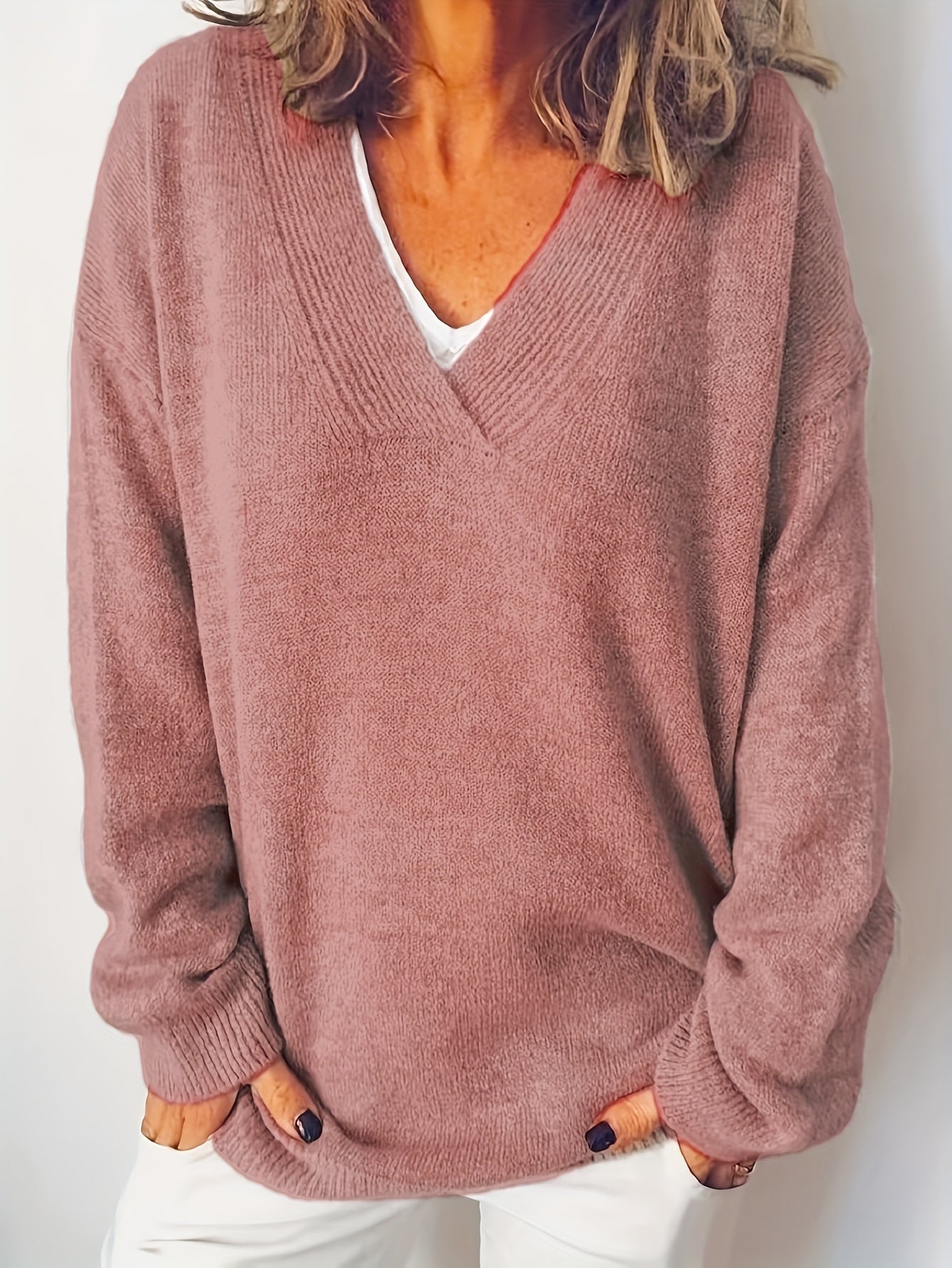 Женский свитер большого размера темно-синий с V-образным вырезом, уютный осенне-зимний пуловер