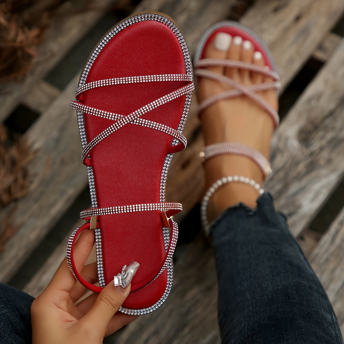 Women's Rhinestone Flat Slide Sandals Open-Toe Slip-On Adjustable Strap