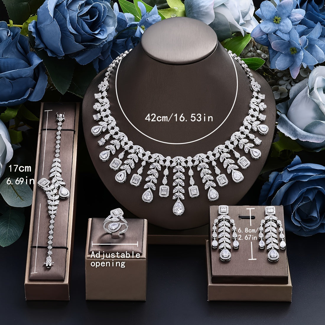 Wedding Jewelry Set for Bride 4-Piece CZ Necklace Earrings Bracelet Ring Elegant