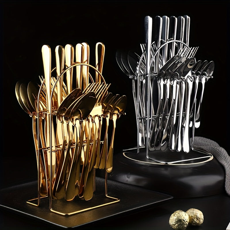24-Piece Golden Stainless Steel Cutlery Set with Metal Stand for Home Restaurant Party