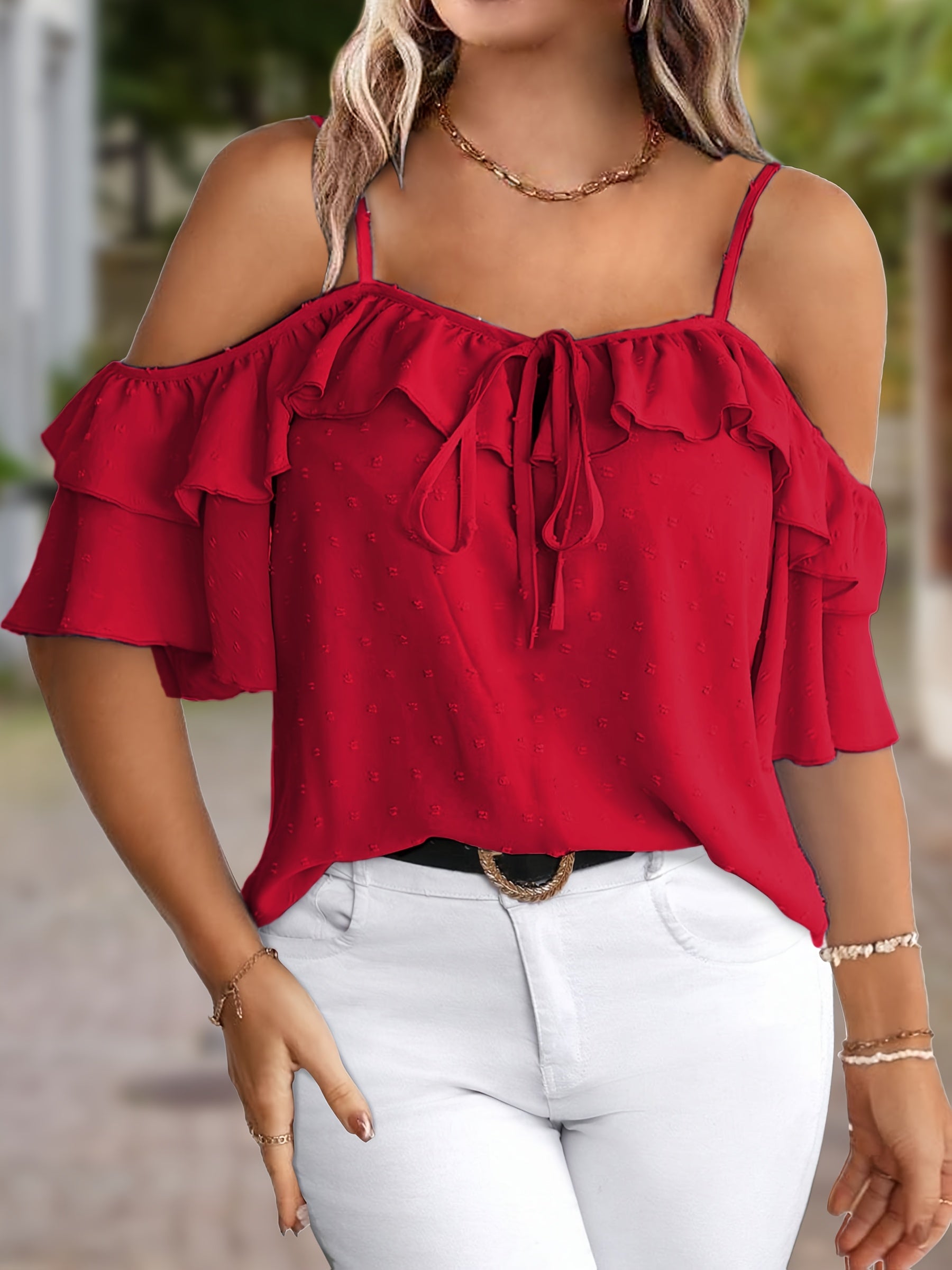 Women's Off-Shoulder Ruffle Blouse with Tie Black Summer Top