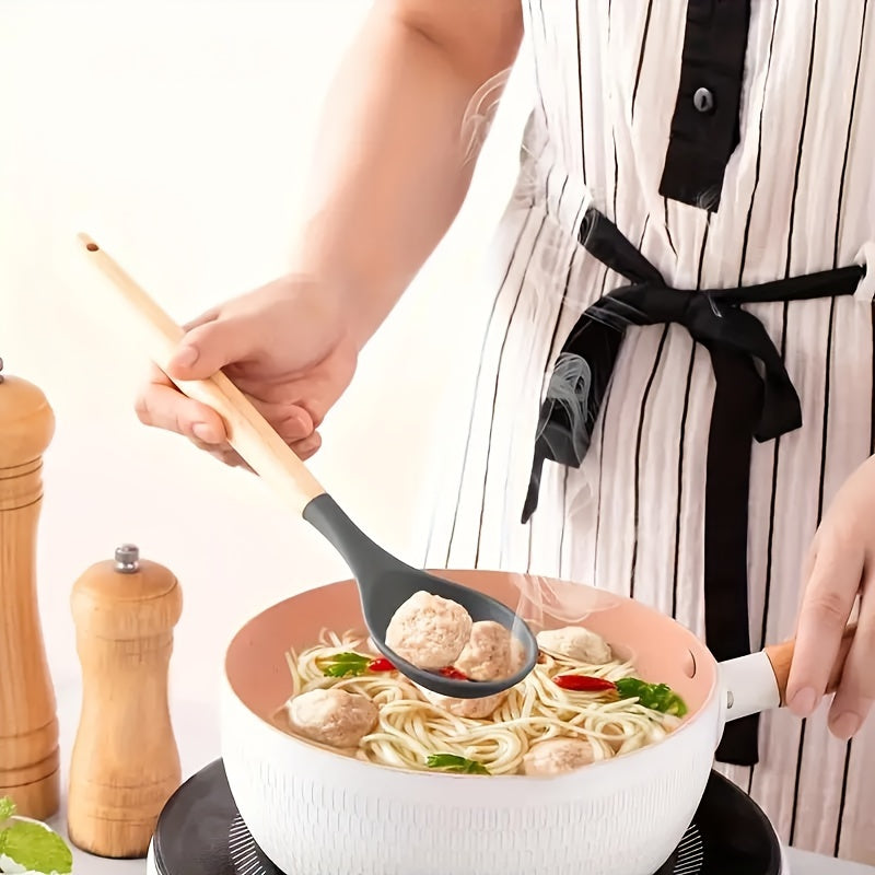 Kitchen Utensil Set Silicone Wooden Handle Non-Stick Spatula Spoon Blender Storage