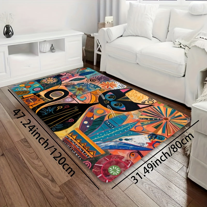Abstract Art Cat Doormat Non-Slip Polyester Washable Entryway Rug