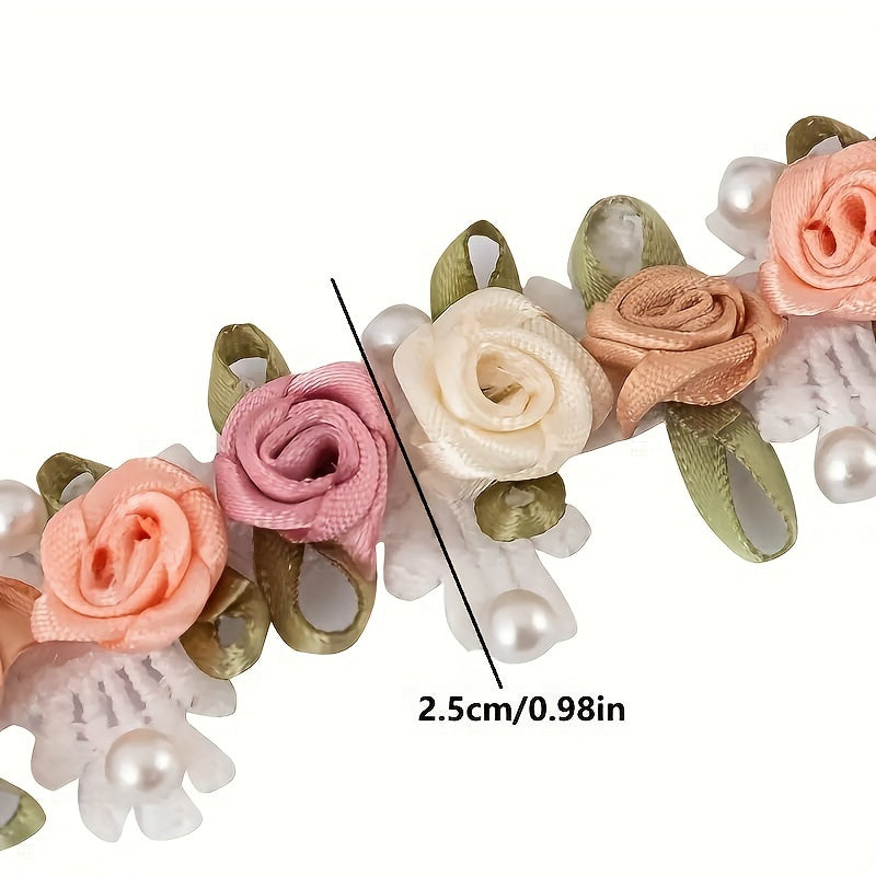 Multicolor Floral Faux Pearl Lace Ribbon 0.91m for Wedding Dresses and DIY Crafts