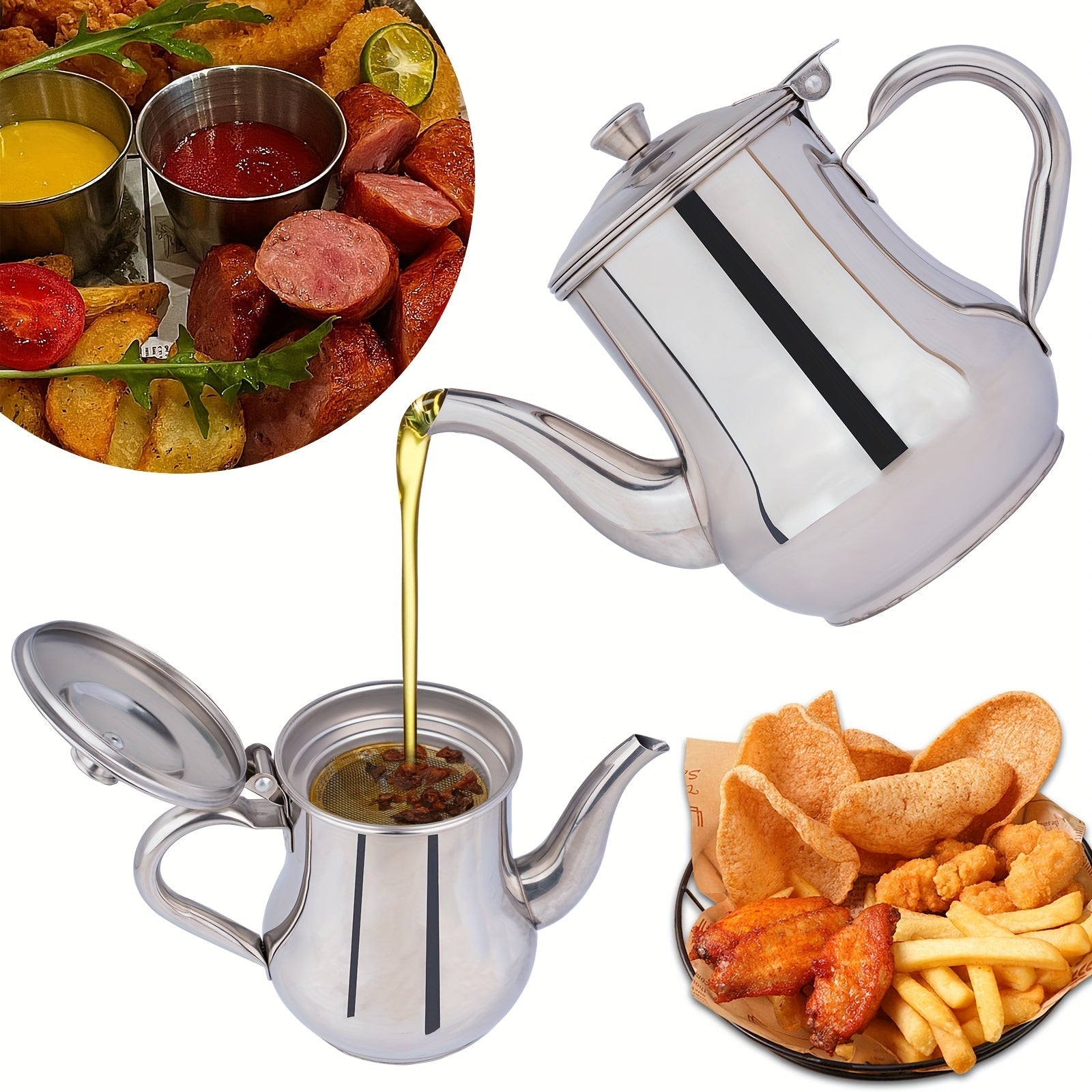 "Silver Stainless Steel Gooseneck Teapot with 48oz Capacity and Integrated Filter, BPA-Free Metal Tea Kettle and Coffee Server, Multi-Purpose Oval Table Serving Pot for Home, Restaurant, Outdoor Use. Dishwasher Safe."