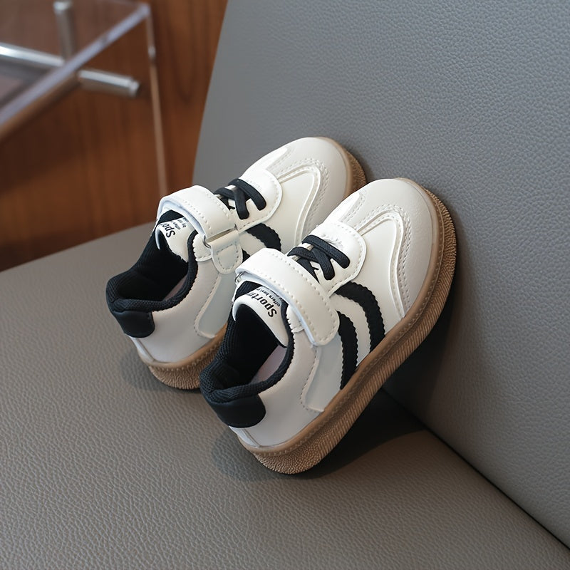 Kids Breathable Sneakers with Hook-and-Loop Closure, Soft Beige and White Soles for Casual Outdoor Wear