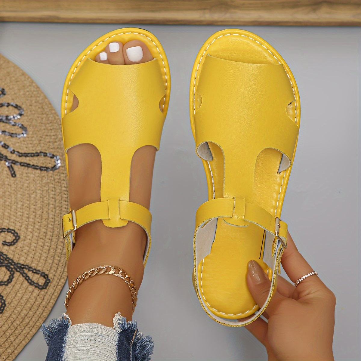 Women's Red Faux Leather Peep-Toe Flat Sandals for Summer Casual