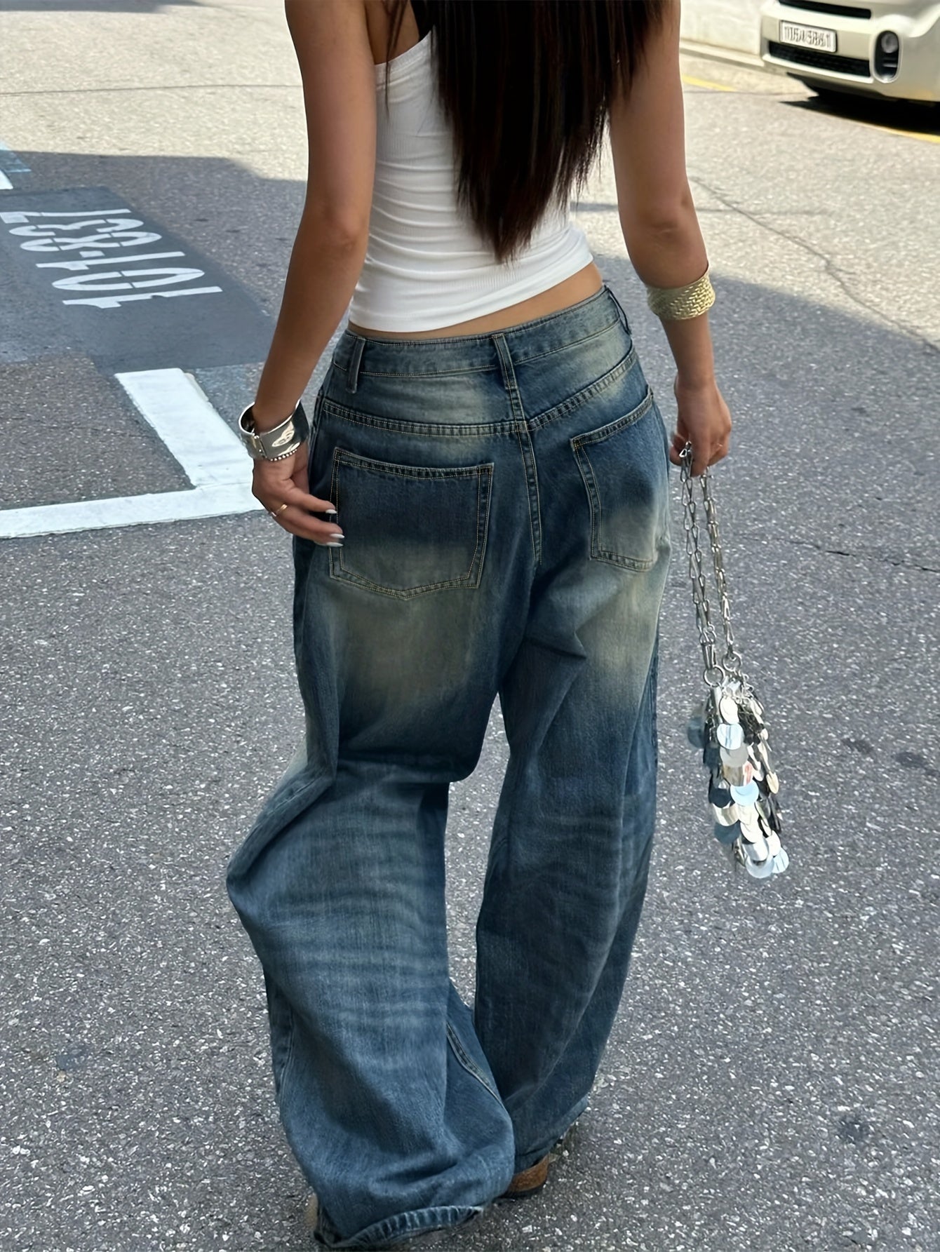 Women’s Vintage-Style Washed Blue Straight Leg Jeans Casual Denim Pants