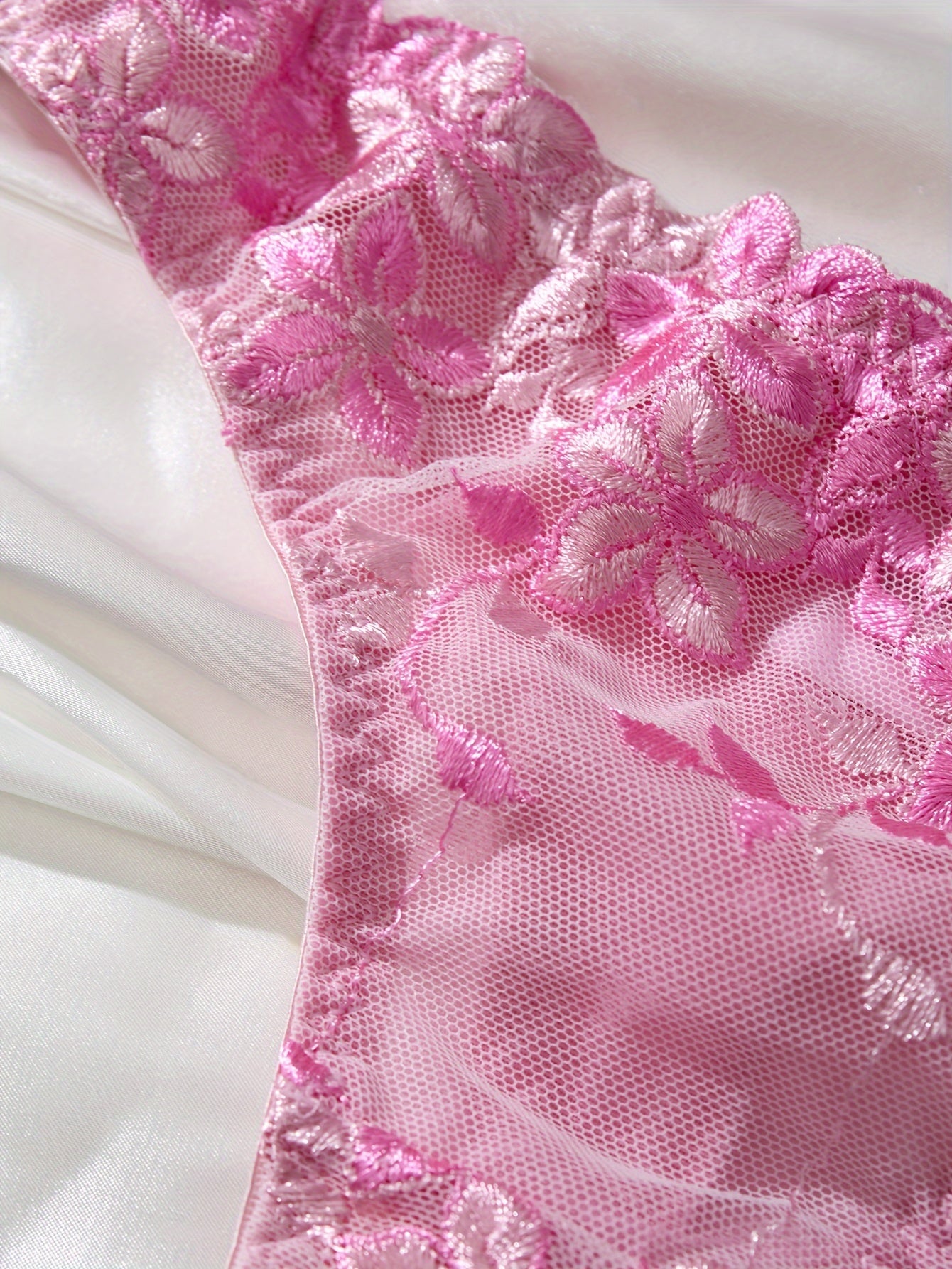 Pink Floral Embroidered Lingerie Set with Mesh Panties and Gathered Bra
